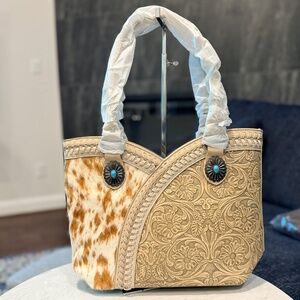 Montana West Tooled & Cowhide Whipstitch Tote Bag Tan
